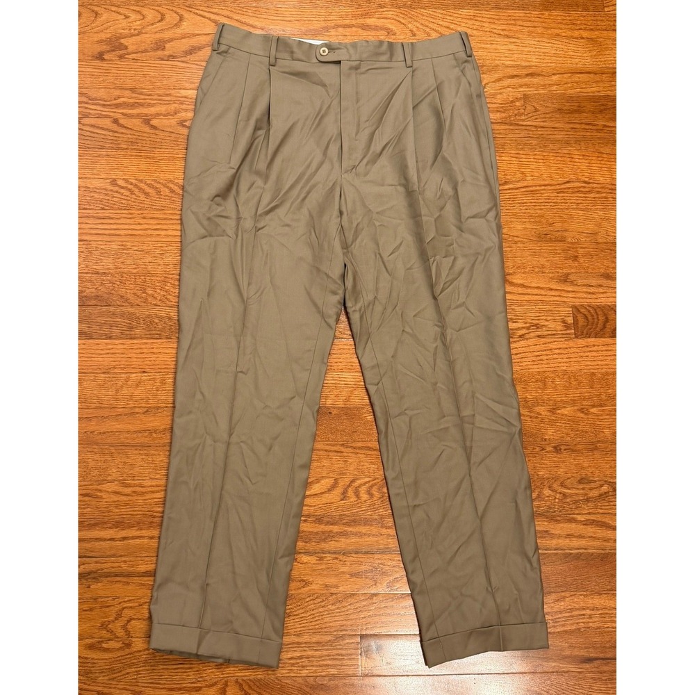 Zanella Bennett Wool Pants Fits Mens 36x30 Olive Brown Pleated Cuffed Dress